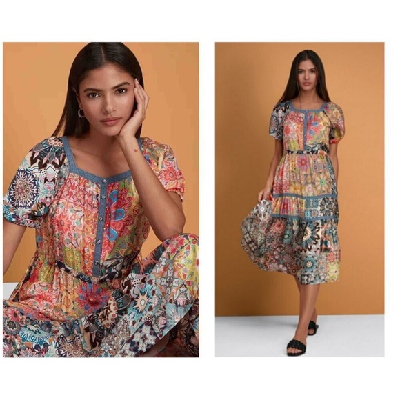 Johnny Was Dresses & Skirts - Johnny Was Kaleida Zenovia Silk Patchwork Midi Dress Size L Boho Tiered